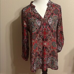 Elegant Red Paisley V-Neck Blouse